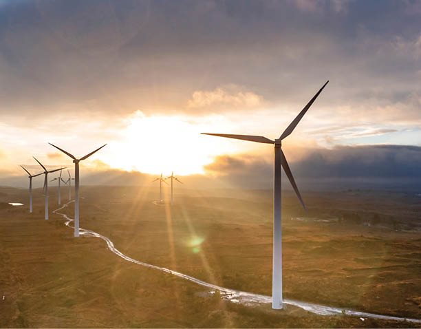 Amazing sunrise at the Loughderryduff windfarm between Ardara and Portnoo in County Donegal, Ireland.